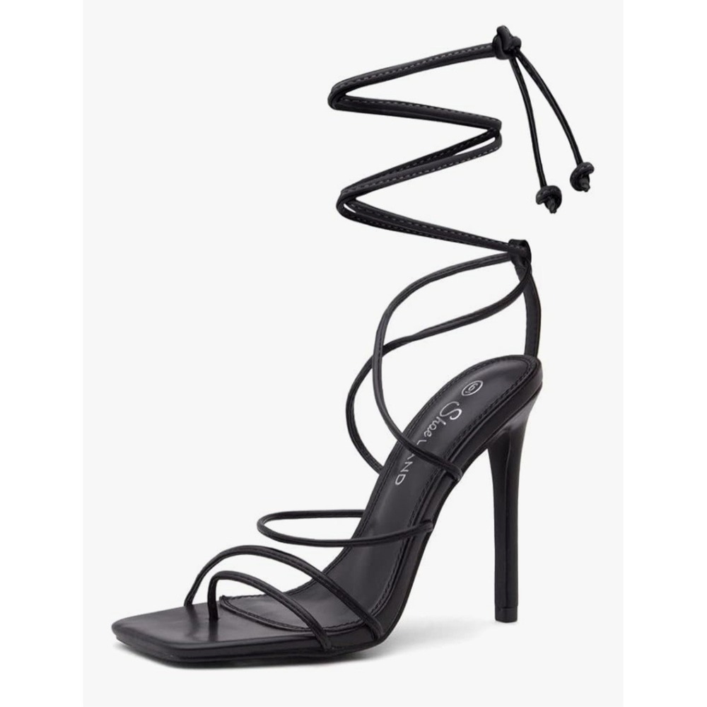 NIB Elegant Lace Up Stilletto Heels Black Square Toe Sandals Womens 9 New